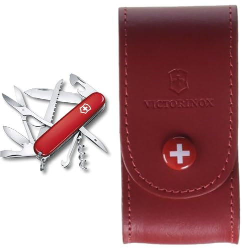 Victorinox, Huntsman, Couteau de Poche Suisse, Multifonction, Léger, 15 Fonctions, Grande lame, Tire-bouchon, Ouvre-boîtes, Rouge & Etui cuir pour Couteau Suisse, rouge