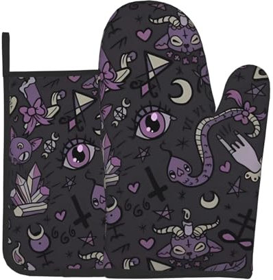 Juego de dos piezas para hornear de cocina gótico y espeluznante, color morado y negro, juego de guantes de horno y soportes para ollas