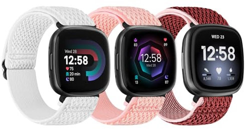 TumpCez Elastisches Nylonarmband, kompatibel mit Fitbit Versa 4/Fitbit Sense 2/Fitbit Versa 3/Fitbit Sense, weich, verstellbar, dehnbar, Sport-Ersatzbänder für Damen und Herren, Ripple White + Ripple