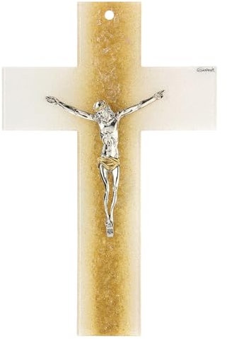 Kruzifix, Muranoglas, Weiss/Gold, 16x10 cm