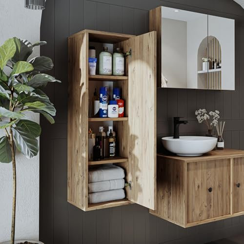 ROOMART Badezimmermöbel Set Gusto 120 cm 4 Teilig mit Keramik Waschbecken (Eiche, Hochschrank)