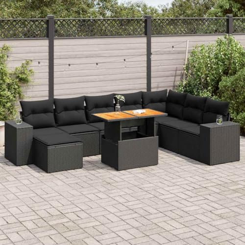 Lauuoeriau Furniture Item home 9-teiliges Gartensofa-Set mit Kissen, schwarz, Polyrattan, Akazien-Möbel