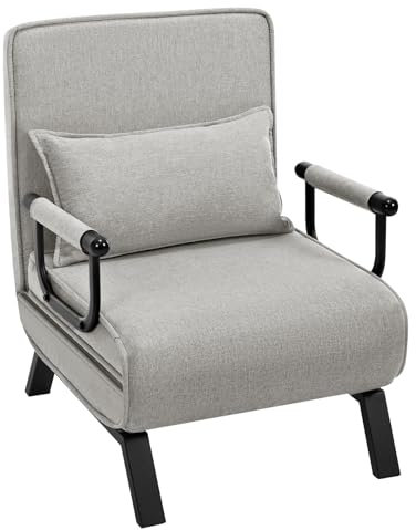 WOLTU Sofá Cama, Sillón Reclinable con Respaldo Ajustable, Puff Cama 1 Plaza, Butaca de Salón 3 en 1, Sillon Cama Individual con Almohada y Reposabrazos, Lino, 65 x 75 x 78cm, Gris Claro
