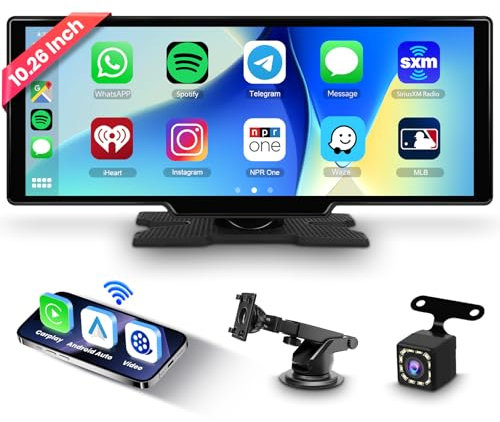 2025 Hodozzy Drahtlos Carplay Android Auto Bildschirm, 10.26 Zoll Tragbares Bluetooth Autoradio mit IPS Touchscreen/YouTube/Airplay/Sprachsteuerung/AUX/TF/OTA/FM-Transmitter + Rückfahrkamera