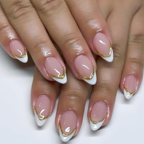SXVME White French Tip False Nails Almond Press on Nails Nude Glossy False Nails with Gold Line Design Fake Nails Artificial Acrylic Full Cover Glitter Stick on Nails for Women Manicure 24Pcs