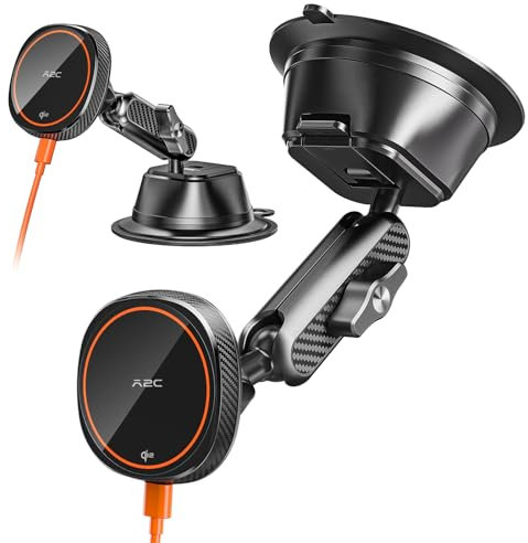 A2C Qi2 15W Wireless Charger for MagSafe Car Mount Charger Magnetic Suction Cup Phone Holder for iPhone 16/15/14/13/12, Adjustable Aluminum Alloy Arm, Windshield/Dashboard, Fast Charging