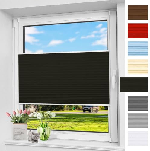 Plissee Ohne Bohren Verdunkelung 40 x 70 cm Blickdicht Sichtschutz Sonnenschutz Easyfix Plissee Faltrollo Ohne Bohren mit Klemmträger Easyfix für Fenster & Tür, Schwarz