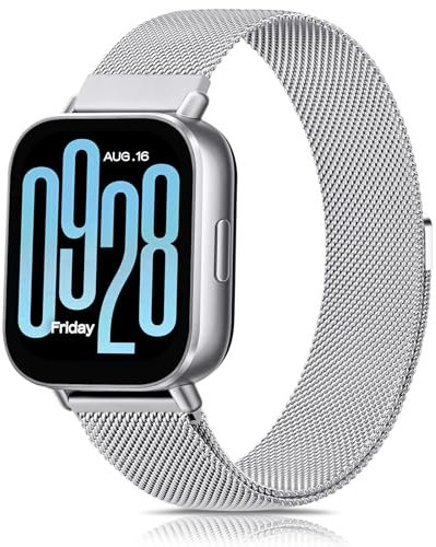 Amzpas Armband für Xiaomi Redmi Watch 5 Active/Redmi Watch 5 Lite Armbänder für Herren Damen, Metall Ersatzarmbänder, Edelstahl Mesh Uhrenarmband Magnet Verstellbares Ersatzarmband, Silber