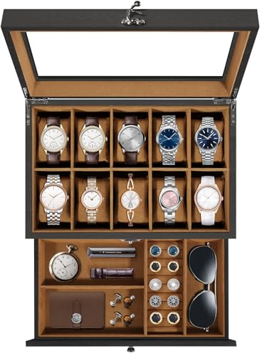 Uten Scatola Porta Orologi a 10 Scomparti, 2 Livelli Porta Orologi Legno, Coperchio in Vetro, Cuscino di Seta, Fodera Marrone, Idea Regalo, Catola Portagioielli per Orologi Uomo e Donna
