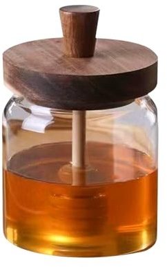 GHIBFBT Clear Honey Pot with Dipper and Lid, 400/500ml Good Sealing Honey Bee Jar, Integrated Glass Syrup Jam Container for Home, Kitchen (500ML)