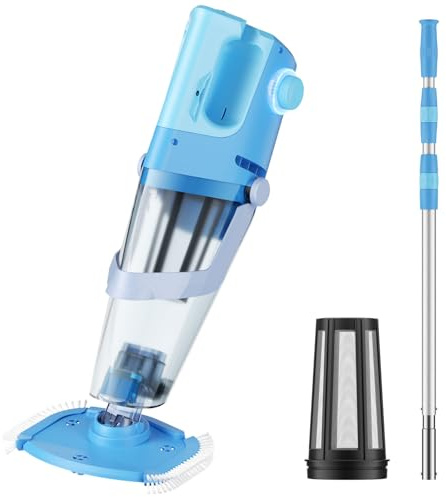 Aspiradora inalámbrica para piscina con poste telescópico, potente succión de 26.5 galones/min, limpiador de piscina recargable de mano con tiempo de funcionamiento de 1 hora, aspiradora de piscina