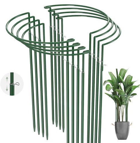 KAZITOO 8 Pack Scalable Plant Support Stakes Extra Long, 40-80cm Height Adjustable Large Green Metal Garden Supports, Half Round Bow Type Flower Supports Ring Cage for Peonies Monstera Rose Hydrangea