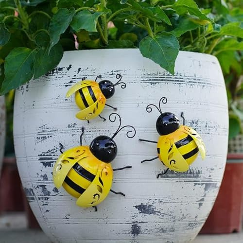 FAHAAM Set of 3 Decorative Metal Bees and Ladybirds, Decorative Bumble Wall Art, Garden Planter Ornaments, Metal Ornaments for Indoor & Outdoor Use, Indoor & Outdoor Wall Decorations. (Bees)