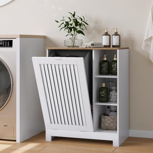 Smart FENDEE Badezimmer-Aufbewahrungsschrank mit Lamellentür, abnehmbarer Leinenkorb, offene Seitenablagen, kippbarer Wäschekorb, platzsparender 2-in-1 für Badezimmer/Wäsche/Küche