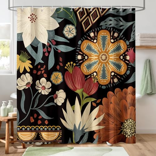 Hopomoon Rideau de Douche Boho 180 x 180 cm Fond Noir avec imprimé Floral Vintage Rideau de Douche foncé et Exotique Hydrofuge de Style Hippie