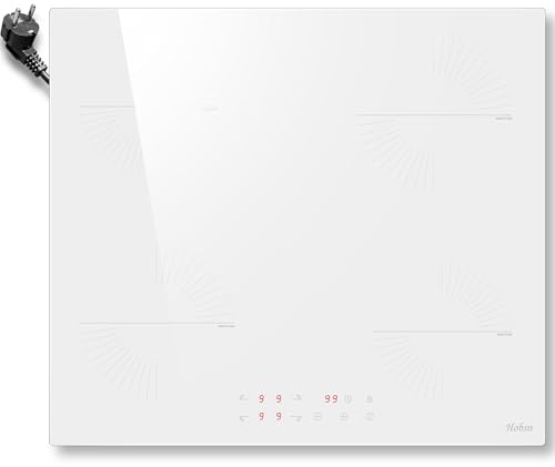 Hobsir Induktionskochfeld 4 Platten mit Stecker, Weißes Keramikglaskochfeld | Weiss Kochfeld 4 Zonen Einbau 60CM, Touch-Bedienung,9 Leistungsstufen, Timer & Kindersicherung, 220-240V, 3500 W