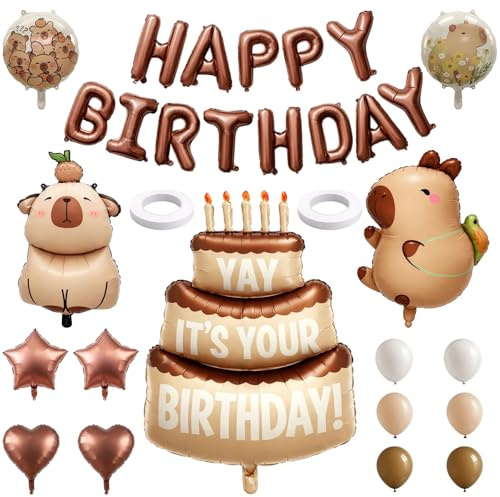 Capybara Geburtstag Deko, 16 Zoll Buchstabenballon mit 4 Braune Ballons, 2 Capybara Ballon, 6 Retro Ballons, 3-Layer Kuchen Deko, 2 Rollen Weißes Band