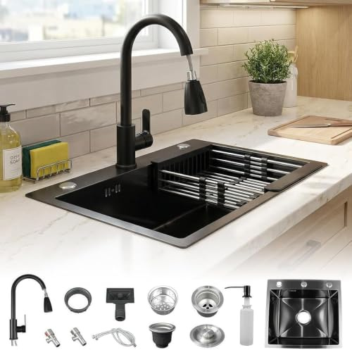 NBYTLT 50 * 45cm Black Single Kitchen Sink, Stainless Steel Single Basin Includes Pull-Down Faucet and Purified Water Faucet, Drop-in Workstation Sink with Drainboard and Multiple Accessories