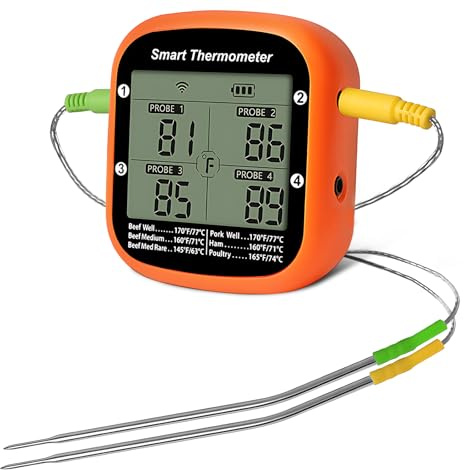 Qcwwy Intelligentes Fleischthermometer, Digital, Kabellos, mit Zwei Sonden, Sofort Ablesbares Lebensmittelthermometer, APP-Steuerung mit Zeitalarm für BBQ-Grill-Thermometer (2 Sonden)