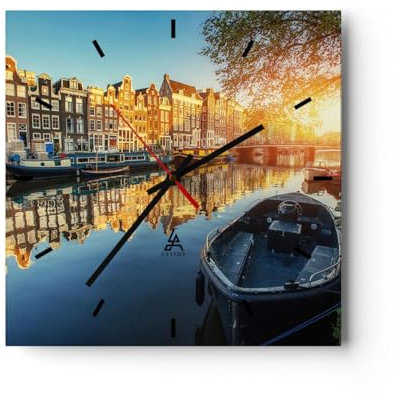 Modern Wanduhr Kanal Boot Amsterdam Wasser 40x40cm Quadrat Groß Wand Uhr Glas Analog Zimmeruhren Küche Büro Wohnzimmer Glasuhr Wall Clock Dekoration Design Wanddekoration Küchenuhr C3AC40x40-2857