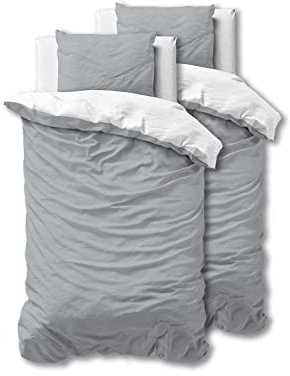 Sleeptime Bettwäsche 4teilig 135x200 Grau Weiß - 100% Baumwolle, bügelfrei & hautfreundlich - Hotel-Qualität mit 2 Kissenbezügen 80x80 – Atmungsaktiv & Oeko-TEX Zertifiziert