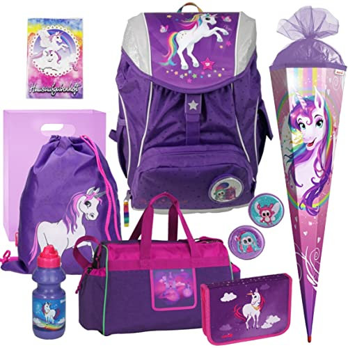 Einhorn - Ylvi and the Minimoomis -Unicorn- Leicht-Schulranzen Set 11tlg. mit FEDERMAPPE, Sporttasche, HAUSAUFGABENHEFT und SCHULTÜTE - Heftbox und Trinkflasche GRATIS dazu!