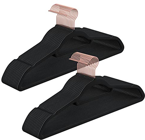 SONGMICS Velvet Hangers, Set of 30 Coat Hangers for Clothes, Non-Slip, with Tie Bar and Rose Gold Hook, Space-Saving, 0.6 cm Thick, 43.5 cm Long, for Dresses Trousers, Black CRF21BK30