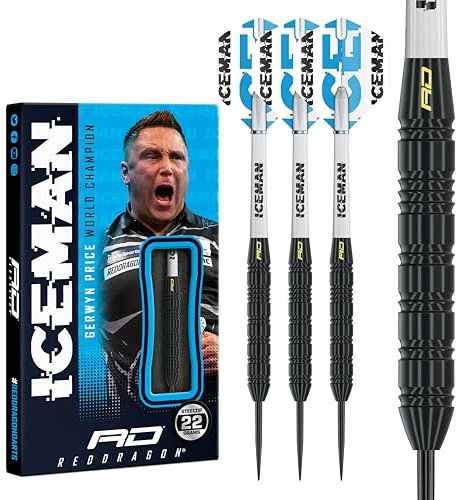 RED DRAGON Darts - Gerwyn Price Iceman Brass Edition 22g - Profi Dartpfeile Metallspitze Enthält Hardcore Weiß und Blau Dart Pfeile Flüge & Iceman Weiß Nylon Medium Schäften und Geldbörse
