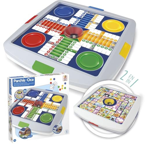 Chicos 64001 - Parchís y Oca automático, Guarda fichas y dado automático, Tablero con Juego del Parchís y la Oca a partir de 3 años, Medidas 27x27x4 cm