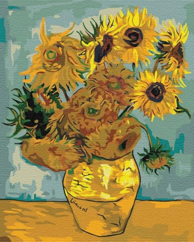 Artnapi Pintura por números adultos con marco | DIY pintado a mano | flores – girasoles (Van Gogh) | Kit para principiantes y adultos | Set incluye pinturas acrílicas y pinceles | lienzo de 40 x 50 cm