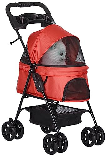 PawHut Hundewagen Hundebuggy mit Klappfunktion Pet Stroller für kleine Hunde und Katzen Haustierwagen Katzenbuggy Oxford Rot 67 x 45 x 96 cm