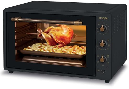 ICQN 60 Litri Vintage Mini Forno XXL, Smaltato, Spiedo Girevole, Illuminazione Interna, Ventilato, Forno Per pizza, Doppio Vetro, Funzione Timer, Temperatura da 40° Fino a 230°, 1800 W Nero Rustico