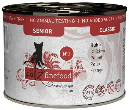 catz finefood Senior N°03 Huhn Katzenfutter nass - Premium Nassfutter für Ihre Senior Katze - getreidefrei, ohne Zucker, hoher Fleischanteil, Vitamine & Mineralien (6 x 200g Dose)
