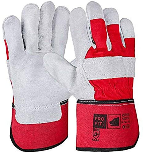 PRO FIT Premium Arbeitshandschuh Küste 3 Paar – Rindspaltleder Handschuhe, Profi Handwerks-Handschuhe, Schutzhandschuhe mit Canvas-Stulpe – Rot/Natur, Gr. 10