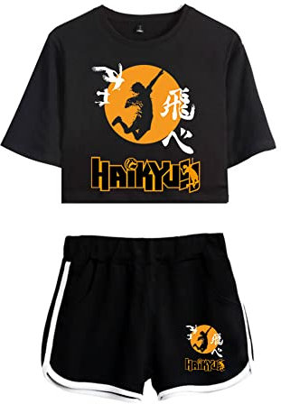 LKY STAR Damen Anime Sets Haikyuu Merch T-Shirt und Shorts 2 Stück Karasuno Crop Top & Shorts Cosplay Modisch Sport-Sets Hinata Shoyo
