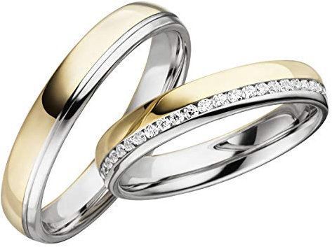 JC Trauringe Silber 925 Paarpreis Eheringe Gelbgold Weißgold Plattiert 4,0mm breit I Partnerringe mit Gravur in edler Schatulle I 2 Hochzeitsringe Herrenring ohne & Damenring mit Steinen I LC125-P-1