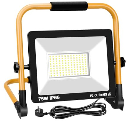 SKYWORLD LED Arbeitsleuchte mit Ständer Flutlicht 75W 7500LM Baustellenleuchte Tragbares Notlicht 5000K Tageslicht Kaltweiß mit Stecker für Garage Camping Werkstatt 1 Packungen Energieklasse E]