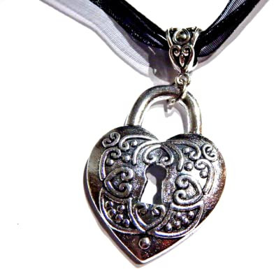Heart Padlock Silver-tone Pendant on Black Organza Mesh & Cord Choker 16-18 gothic steampunk lock necklace, 16 to 18 Inches, Metal, Fabric, No Gemstone