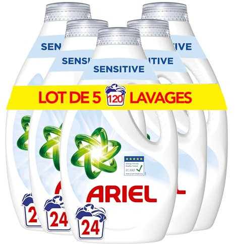Ariel Lessive Liquide, 120 Lavages (5x24), Sensible, 0% Colorants, Testé Dermatologiquement, Élimine Les Taches Incrustées, Impeccable Même En Cycle Court Et À Froid, Fabriqué en France