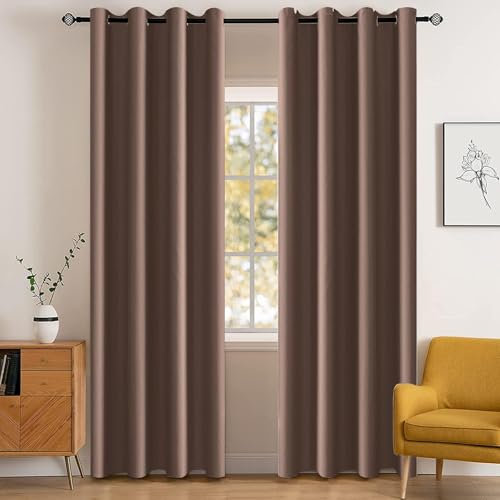 YSTELLAA Gardinen Vorhänge 2er Set, 140×240cm, Verdunklungsvorhänge Mit Ösen, Thermovorhang Kälteschutz Blickdicht, Schallschutz Vorhang Schlafzimmer, Outdoor Vorhang, Braun