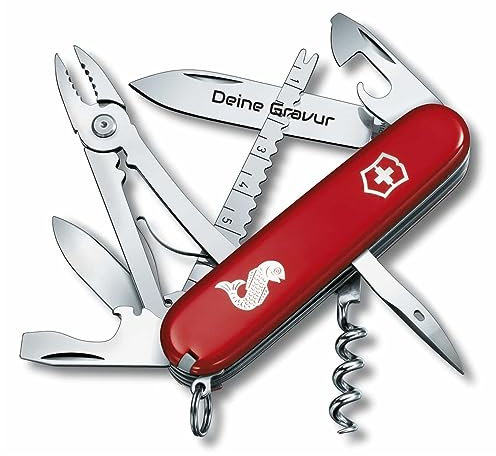 Victorinox Angler mit Wunsch Gravur auf der Klinge I Geschenk für Männer Frauen I zum Geburtstag I Schweizer Taschenmesser personalisiert mit 19 Funktionen 1.3653.72