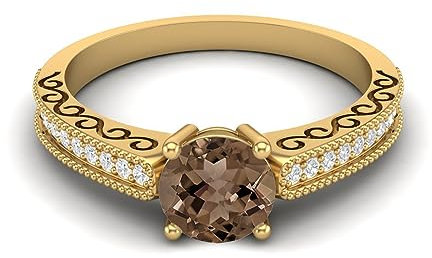 MOONEYE 6mm runder Rauchquarz-Edelstein, 925er-Sterlingsilber, Solitär-Designer-Schaft, Akzente für Damen-Ehering Gold Vermeil, 54