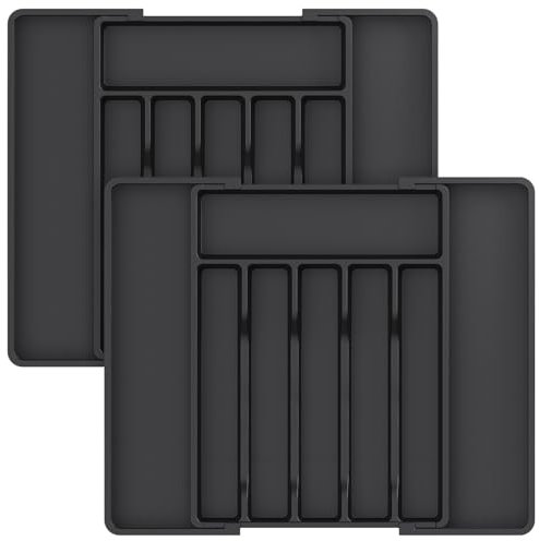 Lifewit Organizador de Cubiertos, Bandeja para Cubiertos Extensible, Cubertero para Cajón para Menaje, Organizador de Cubertería Ajustable y Compacto para Cucharas Tenedores Cuchillos, Lot de 2, Negro