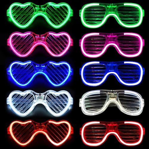Joycabin 10 Stück LED Leuchtbrille,Shutter Shades Brille,Herzförmige Brille,Partybrille,Funny Brille,Neon Rave Party Glasses Festival Accessoires,Party Led Brille für Party,Cosplay,Bar,EDM,Karneval