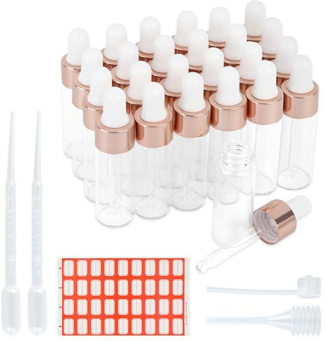 GUOYIHUA 25 Stück Pipettenflasche 5ml, Transparente Glas Tropfflasche, Mini Glasflasche, Liquid Flaschen, mit 2ml Dropper & Pipette & Langrohrspender & 36 Etiketten, für Ätherisches Ölparfüm
