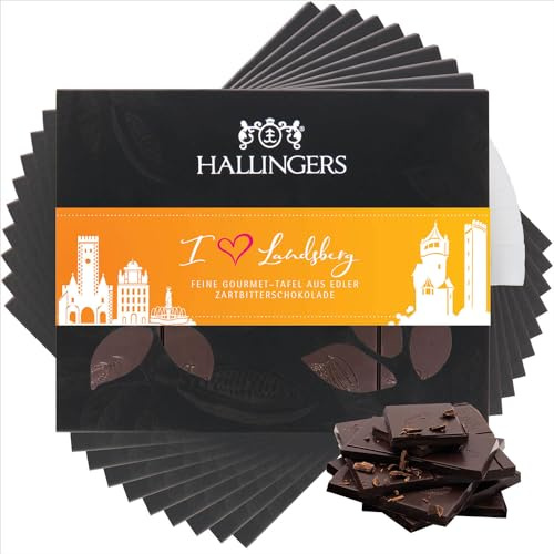 Hallingers Genuss Manufaktur Vegane Schokolade Geschenk - Tafel handgeschöpfter Edelkakao ohne Alkohol edler Karton 10x I love Landsberg Pur 85%, Geschenkidee für Frauen Männer