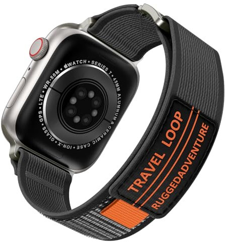 Kamita Nailon Correa para Apple Watch Serie 42mm 44mm 45mm 46mm 49mm, Banda Deportiva Regulable para Hombres Mujeres, Elástico Trail Loop Pulsera de Repuesto para iWatch 10 9 8 7 Ultra SE(Negro-gris)
