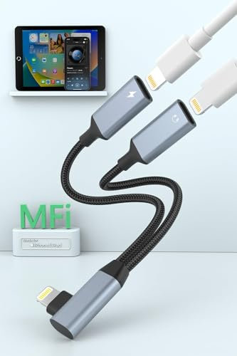 【Apple MFi Certified】Lightning to Dual Lightning Headphone Jack and Charger Cable Adapter, 2-in-1 iPhone Splitter Audio and Charge Adapter Dongle for iPhone 14/13/12/11