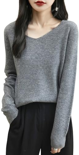 Chanyarn Maglione da Donna 100% Lana Merino con Scollo a V 2025 Casual a Maniche Lunghe Senza Cuciture Maglia Maglione (Grey,M)