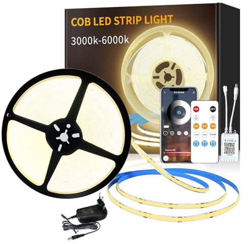 Yeewhale cob Led strip 15m,APP Steuerung,mit Fernbedienung,flexible Dimmbar COB LED band, DC24V 3000k Warmweiß LED Streifen, anwendbar auf Schlafzimmer, Raum,DIY Dekoration